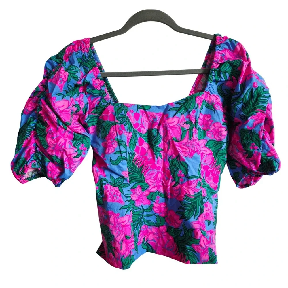 Lilly Pulitzer 2‎ Cerise Pink Safari Sunset Puff Sleeve Top Square Neck NWOT
